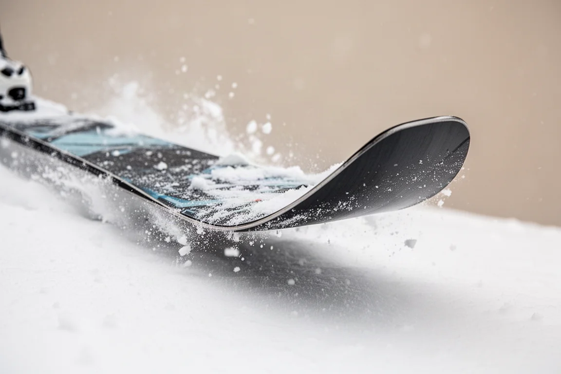 Dettaglio ravvicinato della curva del rocker della coda di uno sci con intreccio in carbonio e cristalli di neve