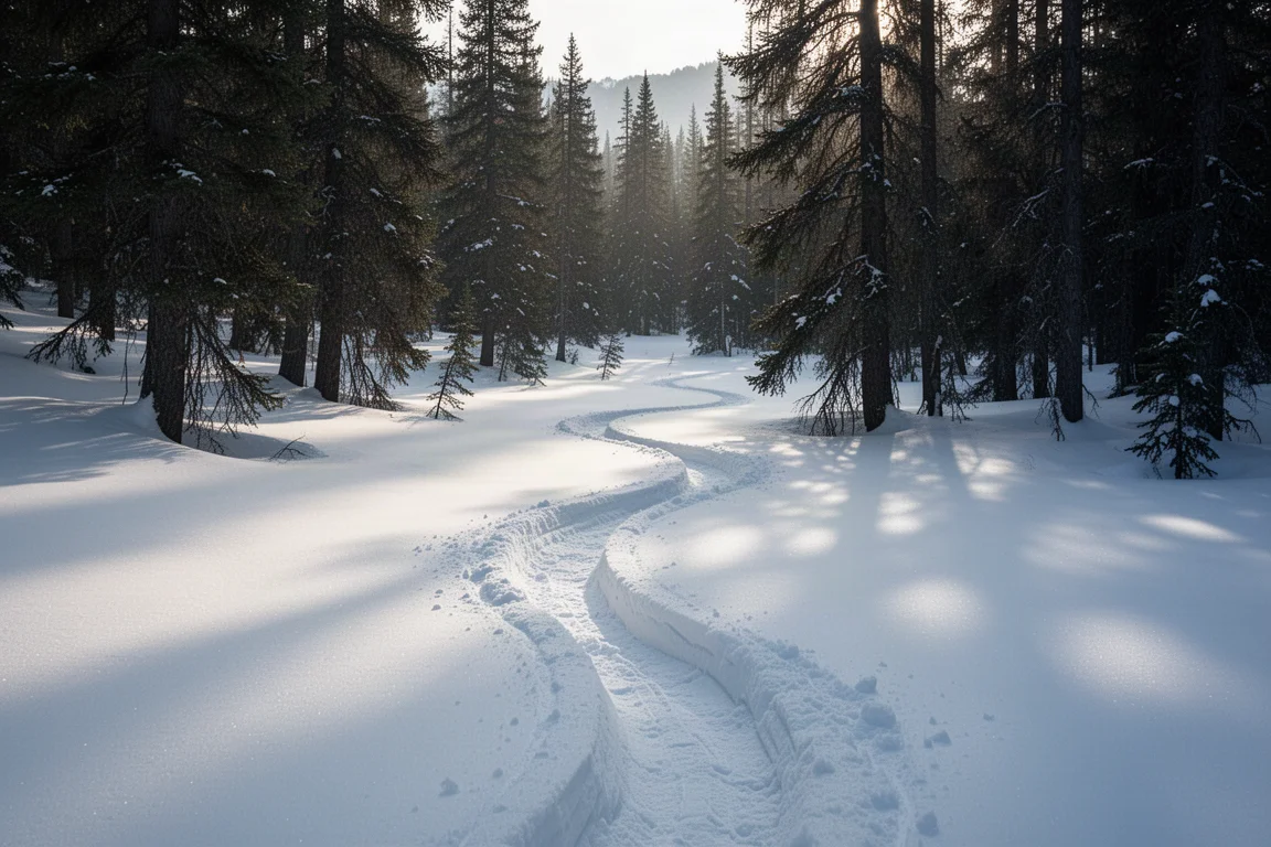 Deep track cut through an untouched powder snowfield in a morning alpine forest
