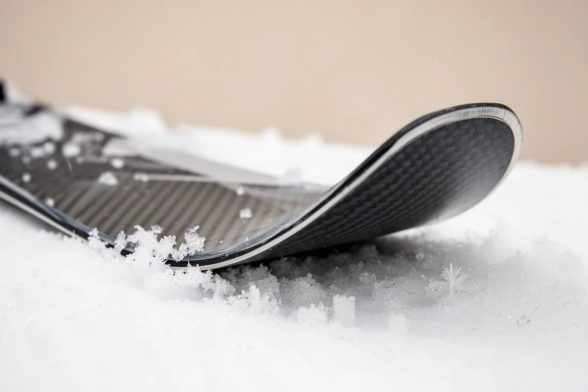 Close-up of a wide ski tip with carbon weave and rocker curve on powder snow