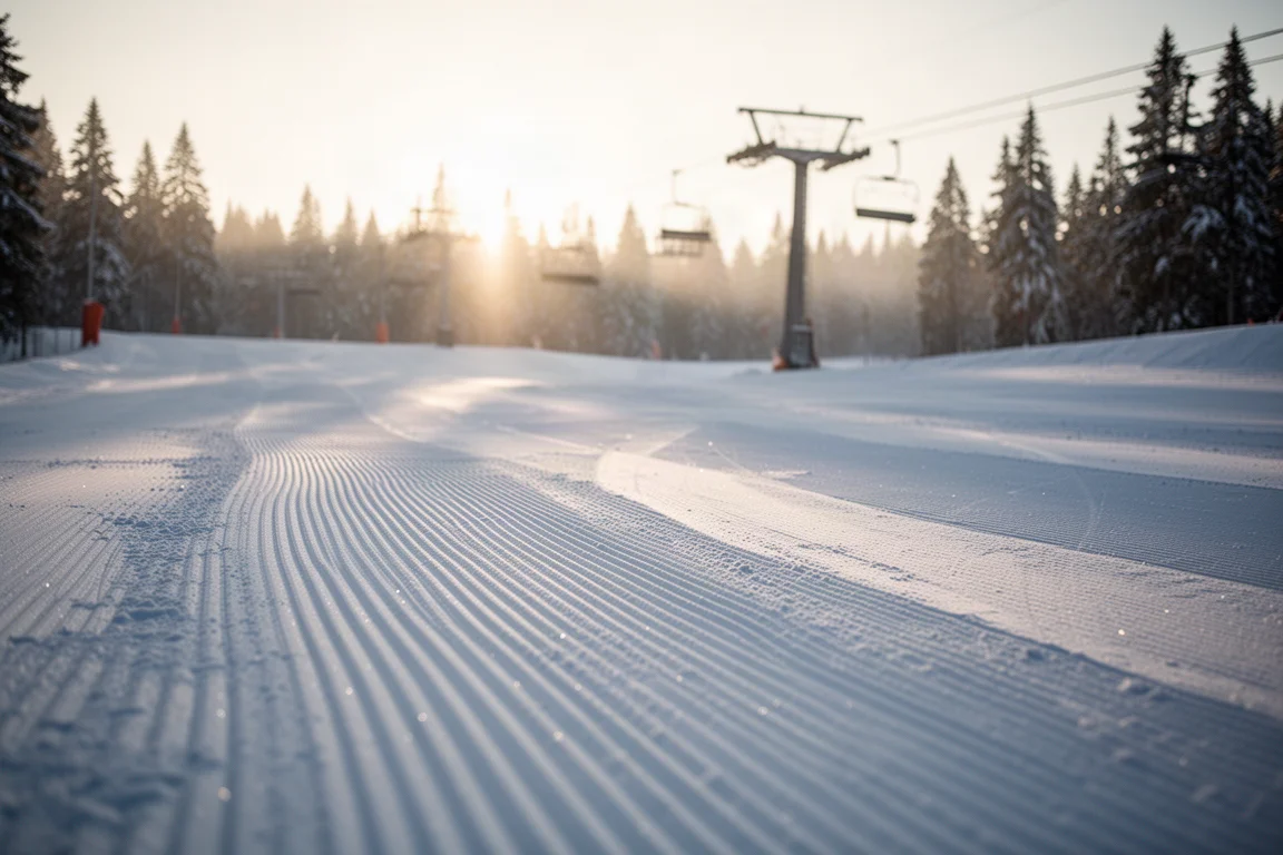 Empty groomed ski run with corduroy texture at dawn in cool light