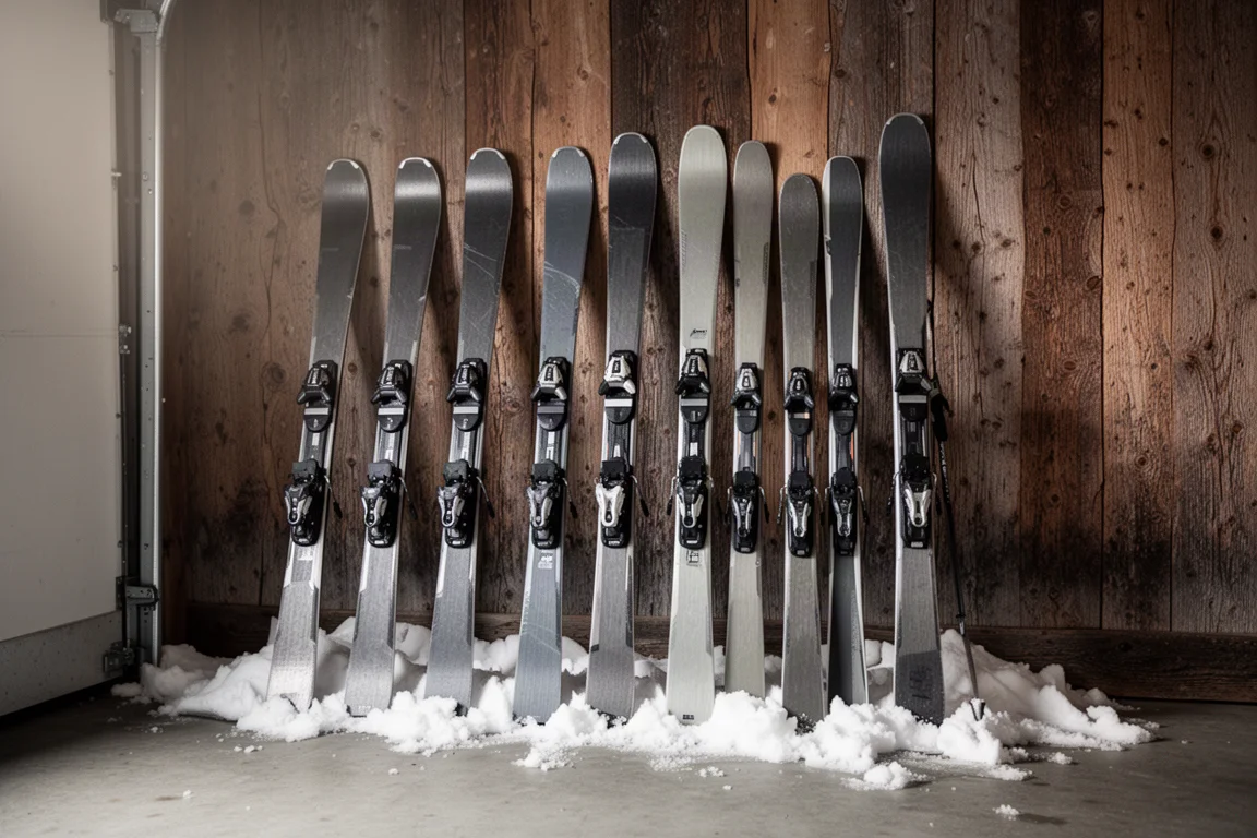 Row of skis of varying widths leaning against a weathered wooden wall