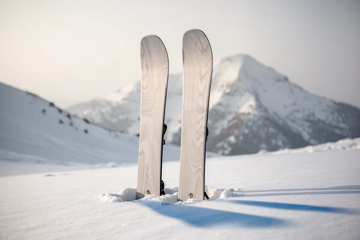 Pair of wide twin-tip powder skis standing in fresh snow with mountains behind