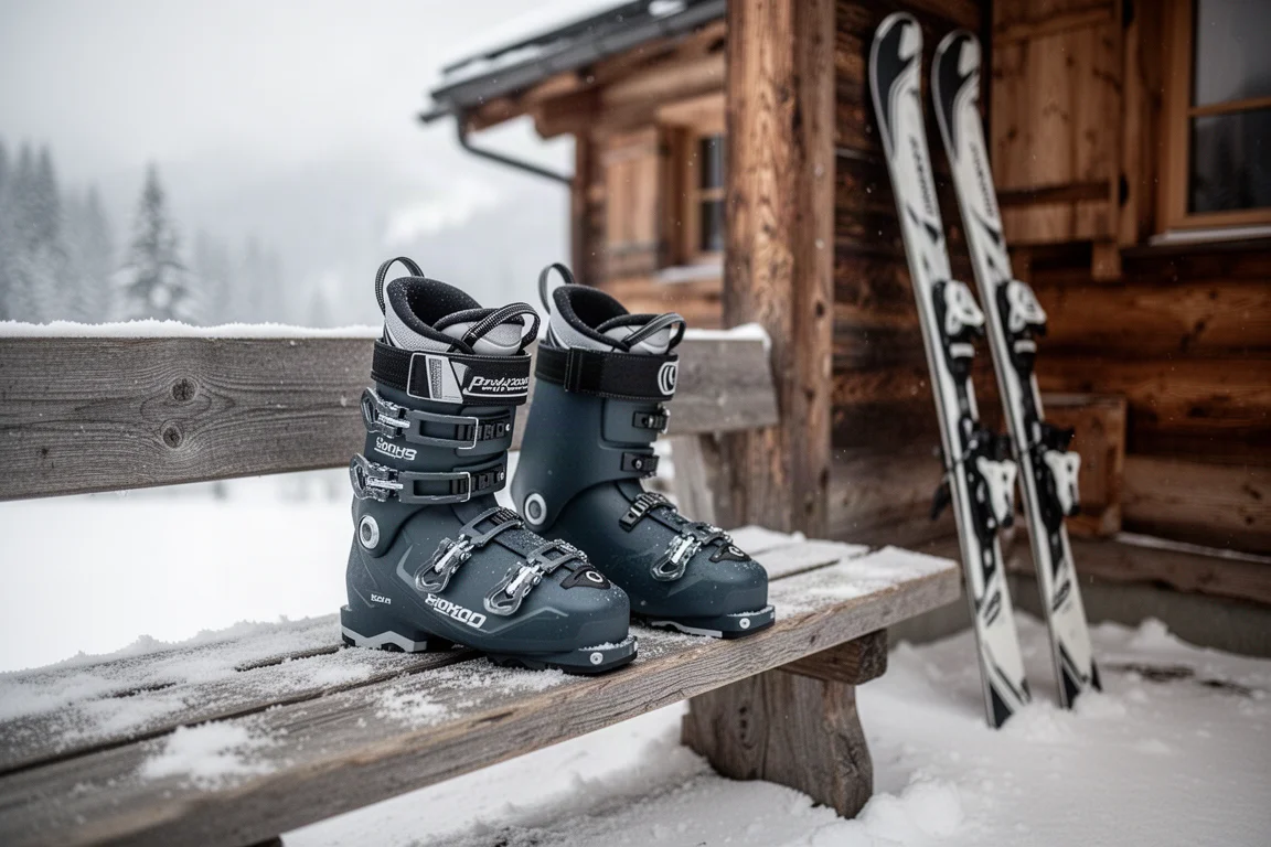 Skidboots vilande på en snötäckt träbänk utanför en alpinstuga