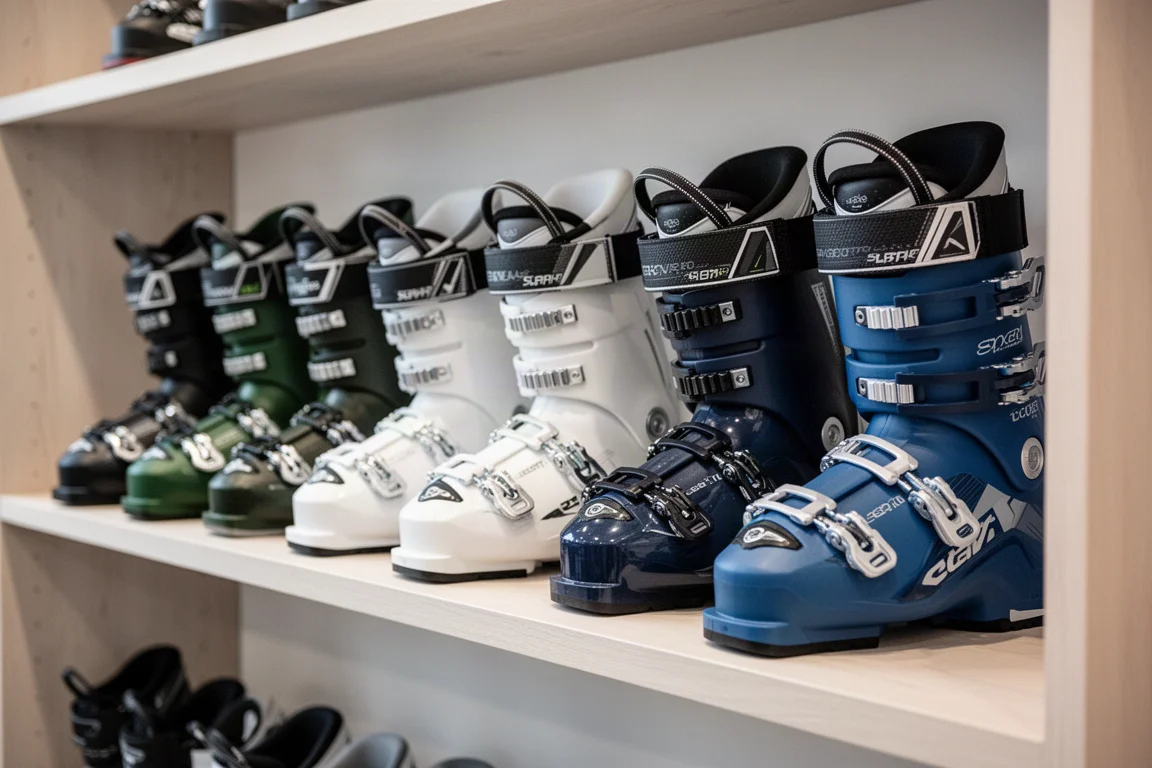Rad av alpina pälsskor uppställda på en butikshylla i mjukt ljus