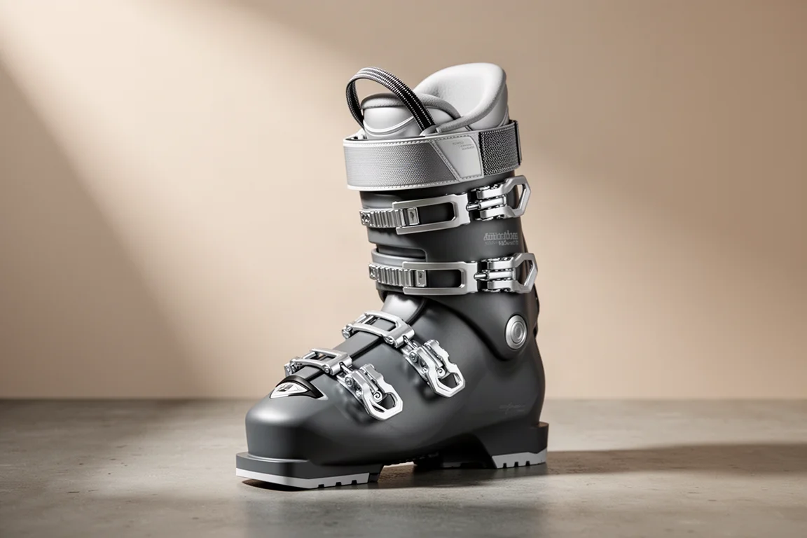 Antracitgrå alpinski boots med fyra spännen och en power-strap på en betongyta