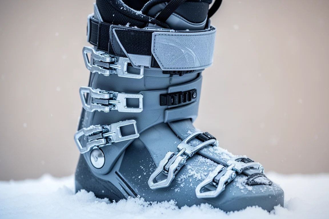 Primer plano de las hebillas y la correa de potencia de una bota de esquí sobre una superficie con polvo de nieve
