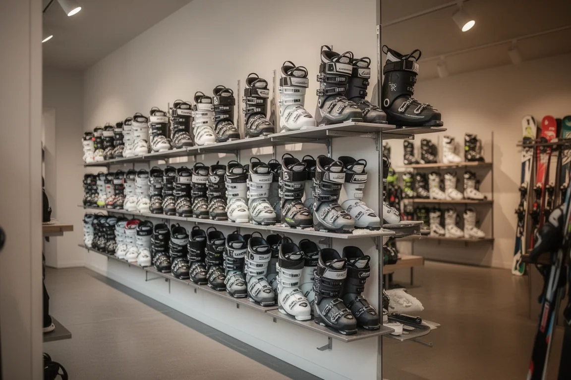 Filas de botas alpinas de esquí expuestas en la pared de una tienda de ajuste bajo luz cálida