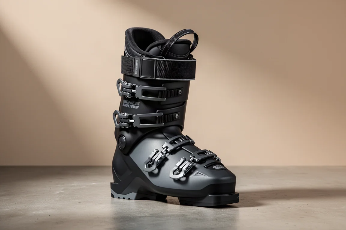 Bota alpina de esquí negra con cuatro hebillas y correa de potencia sobre hormigón
