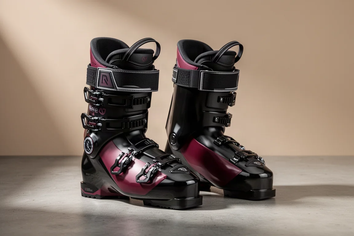 Pair of black and maroon alpine ski boots with dial closures on a concrete surface