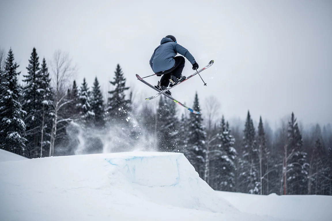 Freestyle-Skifahrer in der Luft über einer schneebedeckten natürlichen Schanze neben einer Baumreihe