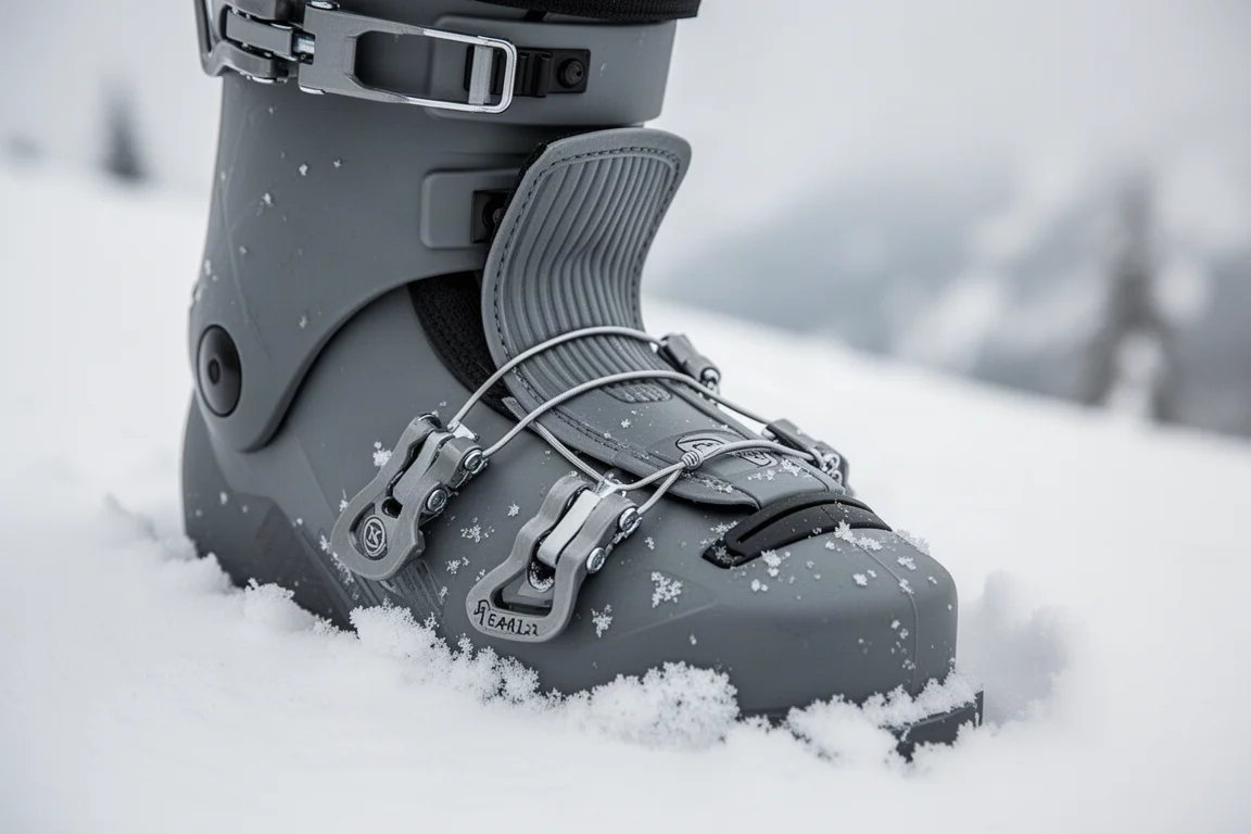 Nahaufnahme einer dreiteiligen Skischuh-Zunge, die mit einem Zugspanner nach vorne federt