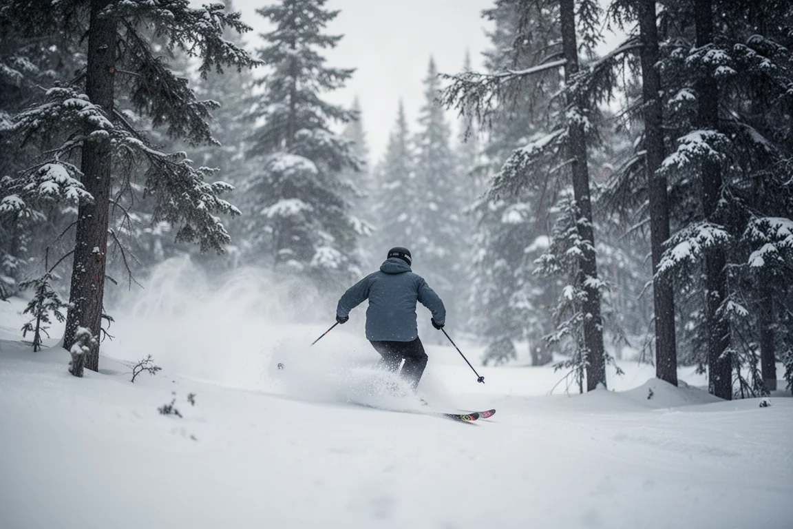 Skifahrer mitten in der Kurve durch weichen Pulver in einem verschneiten Tannenhang