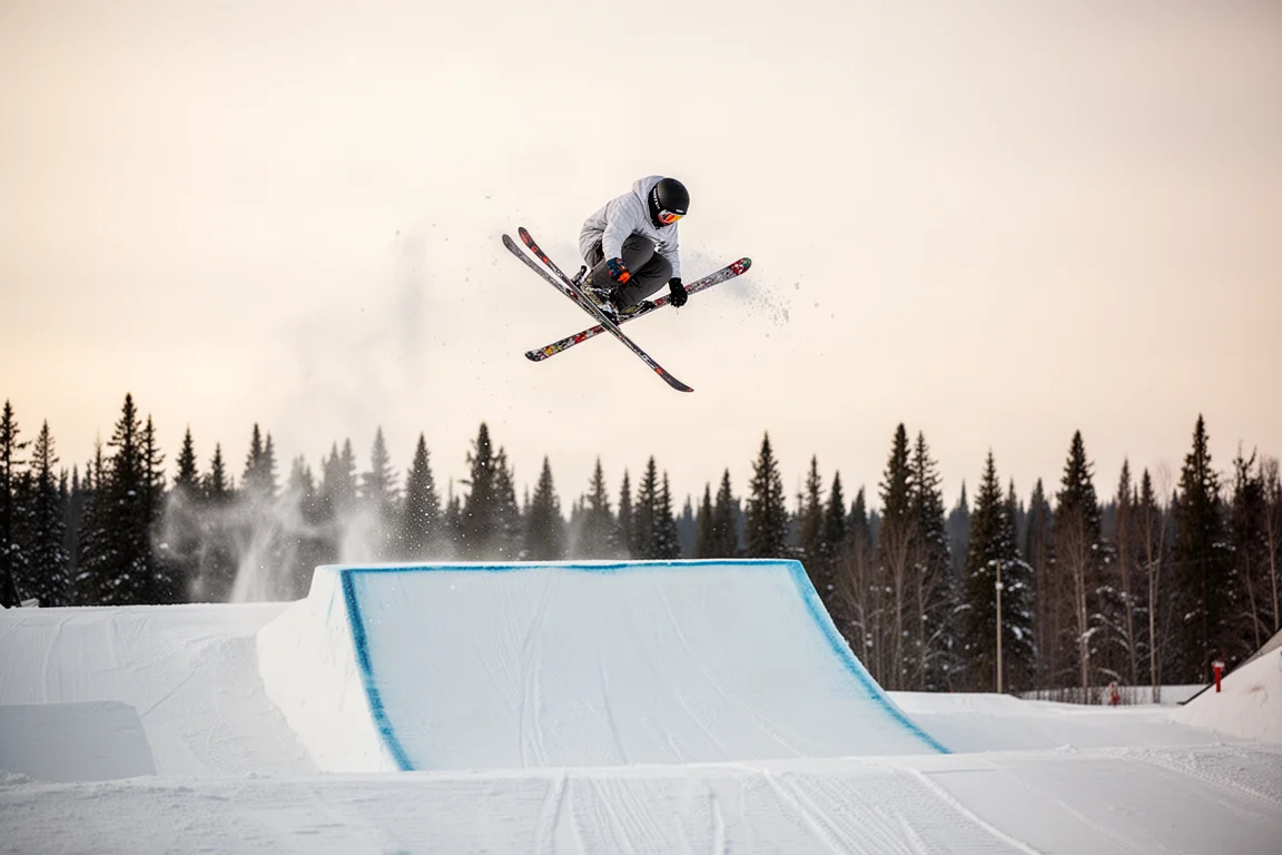 Freestyle skier spinning off a park jump with skis crossed mid-air in soft daylight
