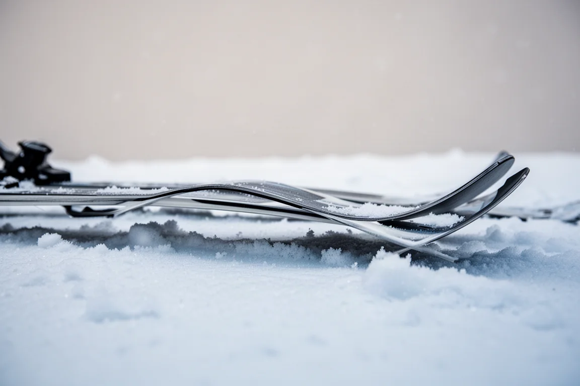 Close-up of ski tip and tail splay showing camber and minimal rocker profile