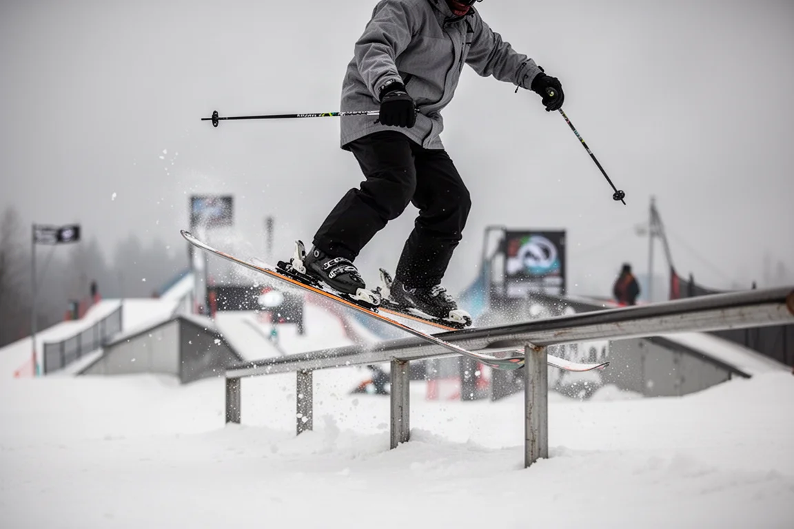 Skier riding a metal park rail with snow spraying off the ski edges