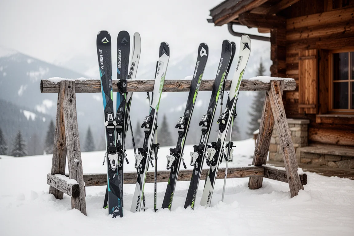 Row of freestyle skis leaning against a wooden ski rack at a resort base