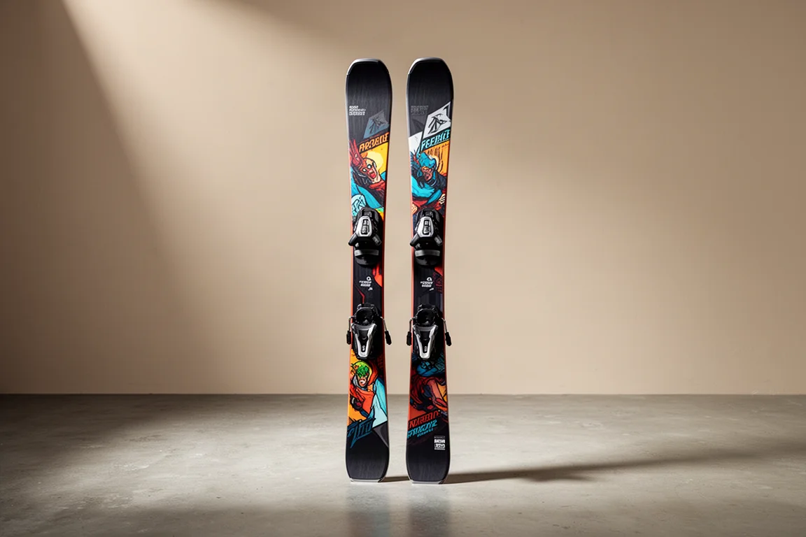 Freestyle twin tip skis standing upright on a matte concrete surface in soft studio light