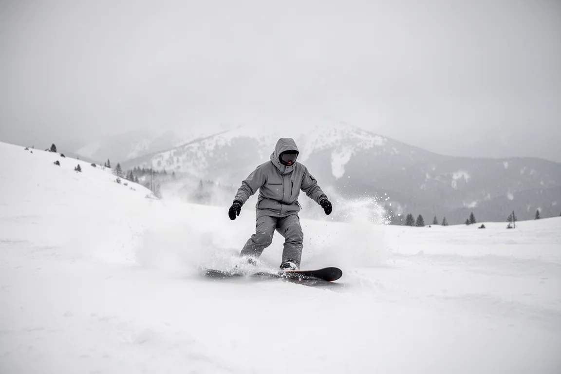 Snowboarder fährt durch tiefen Pulverschnee an einem bewölkten Alpenhang