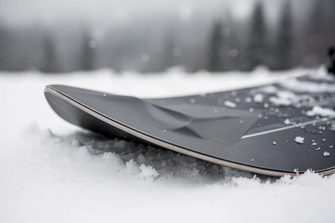 Nahaufnahme der Snowboard-Nase mit Taper und konturiertem 3D-Profil