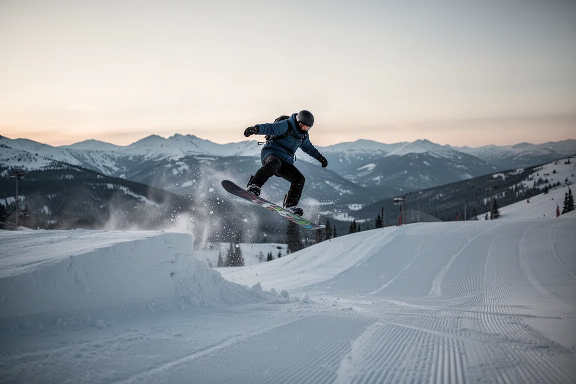 Snowboarder springt bei Dämmerung von einer Windlippe neben einer präparierten Piste ab