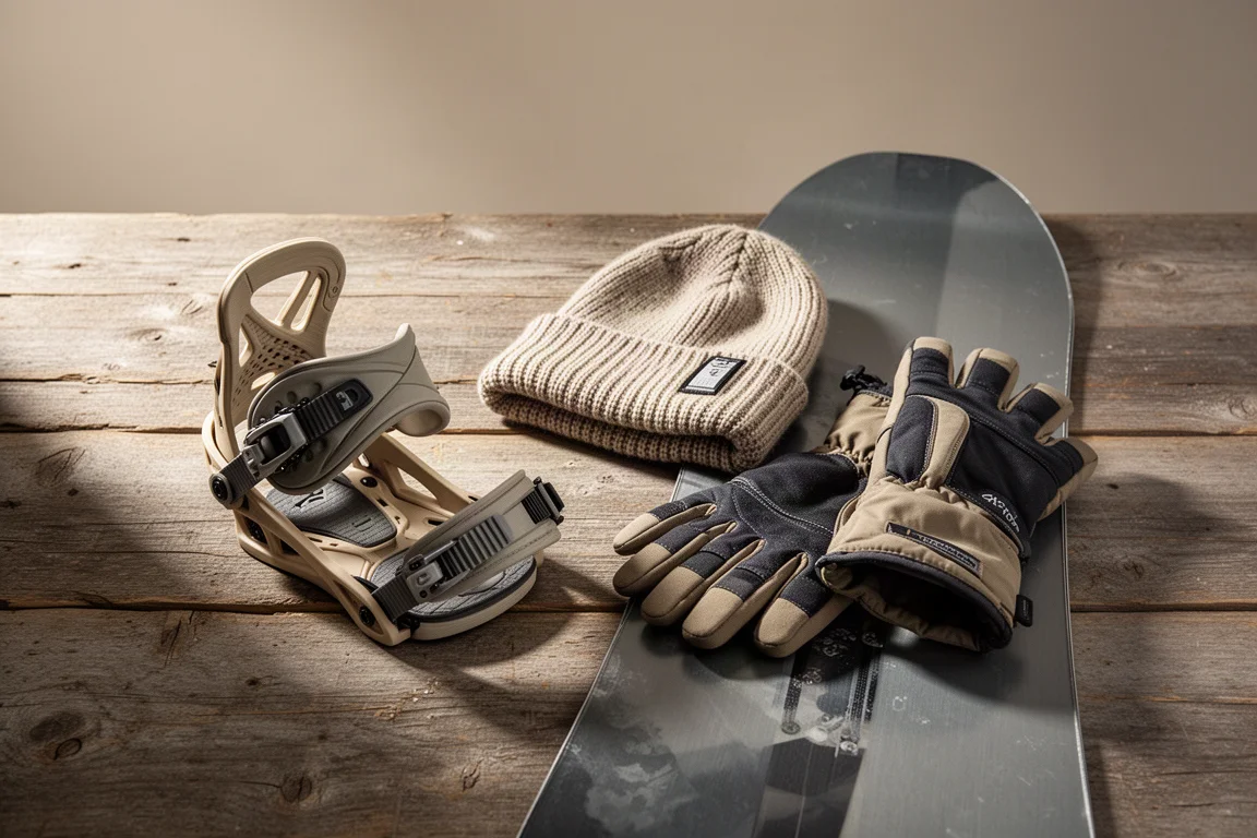 Snowboard-Ausrüstung von oben auf verwittertem Holz arrangiert