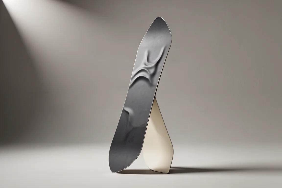 Directional snowboard with a tapered outline and pointy rockered nose on a grey backdrop