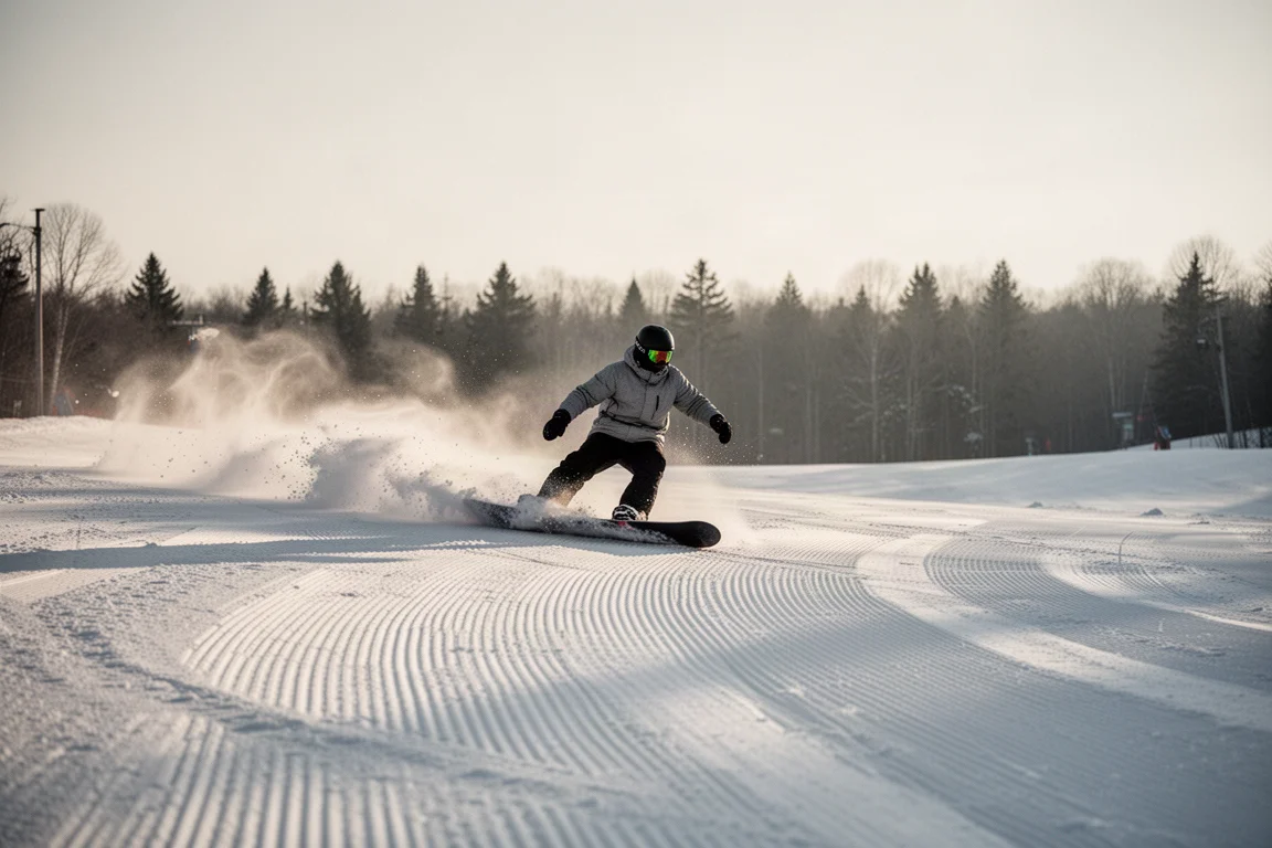Snowboarderka rzeźbiąca w przygotowanym stoku, rozprysk śniegu w świetle późnego popołudnia