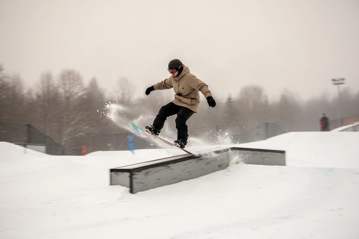Snowboarderka jedząca switch obok niskiego parkowego elementu w miękkim, pochmurnym świetle