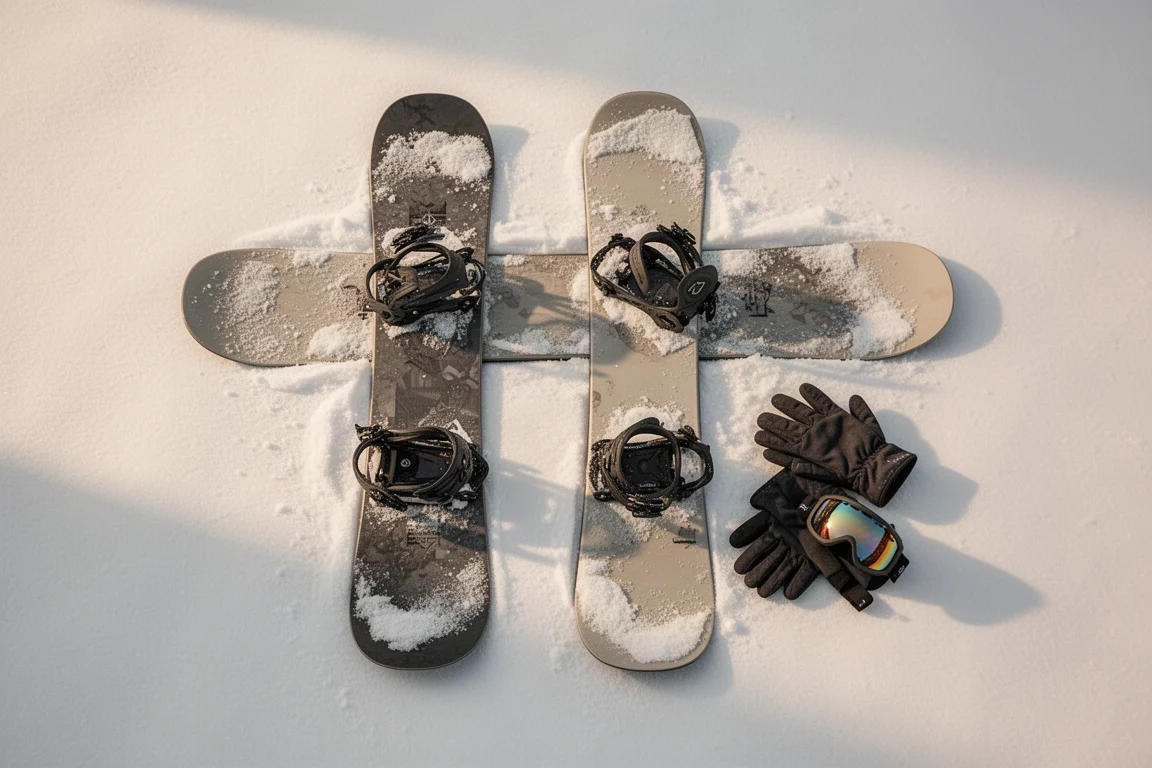 Widok z góry na snowboard twin z wiązaniami, rękawicami i goglami na śniegu
