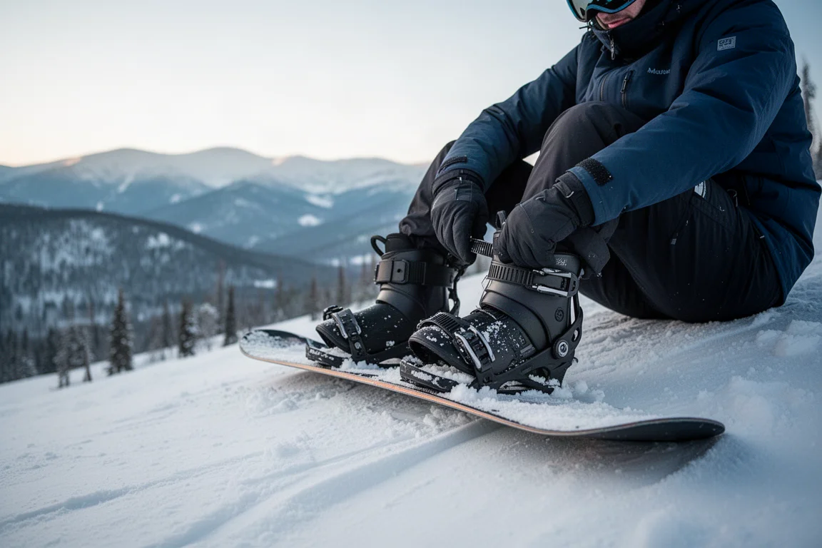 Snowboarder schnallt sich bei sanftem Morgenlicht auf einer verschneiten Piste in die Bindung