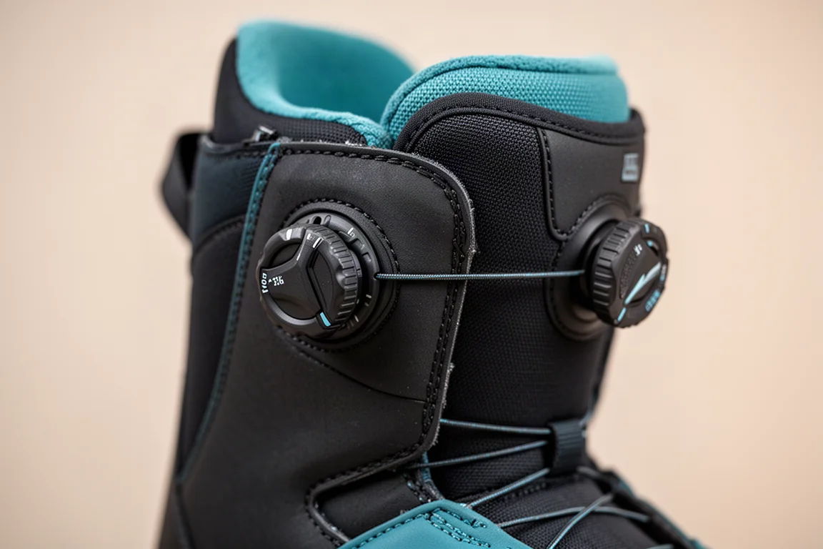 Nahaufnahme eines Boa-Drehrades und des Schnürsystems am Schaft eines Snowboardboots