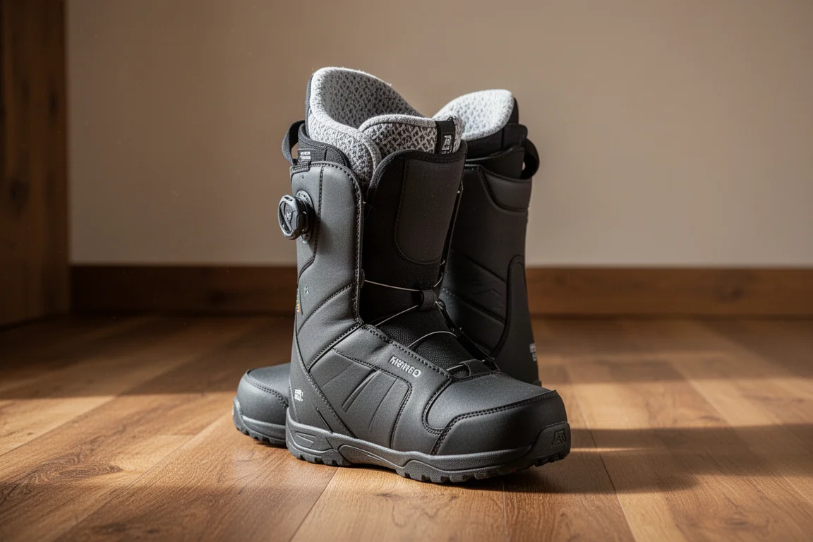 Innenschuh eines Snowboardboots auf dem Holzfußboden einer Lodge neben einem Bootstrockner