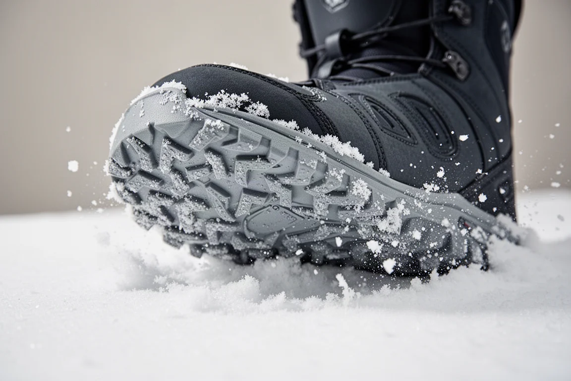 Sohle eines Snowboardboots mit tiefem Stollenprofil auf frischem Schnee abgedrückt