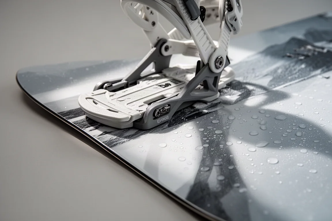 Nahaufnahme einer Bindungsbaseplate auf einem nassen Snowboard-Topsheet mit Wassertropfen
