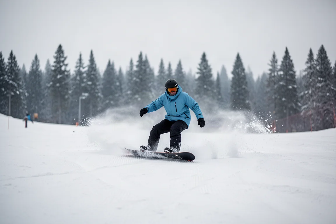 Snowboarder auf einer präparierten Piste mit Schneefahne bei weichem Tageslicht