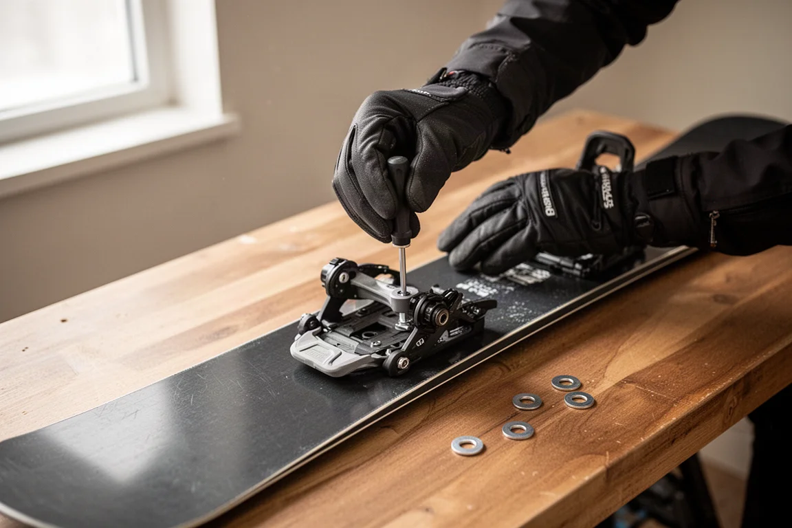 Hände ziehen das Bindungsmaterial mit einem Werkzeug neben einem Snowboard auf der Werkbank an
