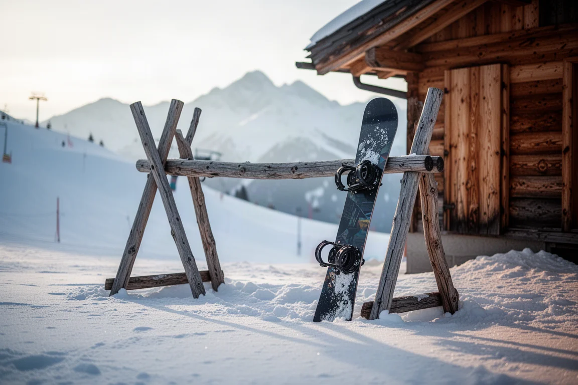 Snowboard lehnt in spätnachmittäglichem Licht an einem Holzregal vor einer Lodge
