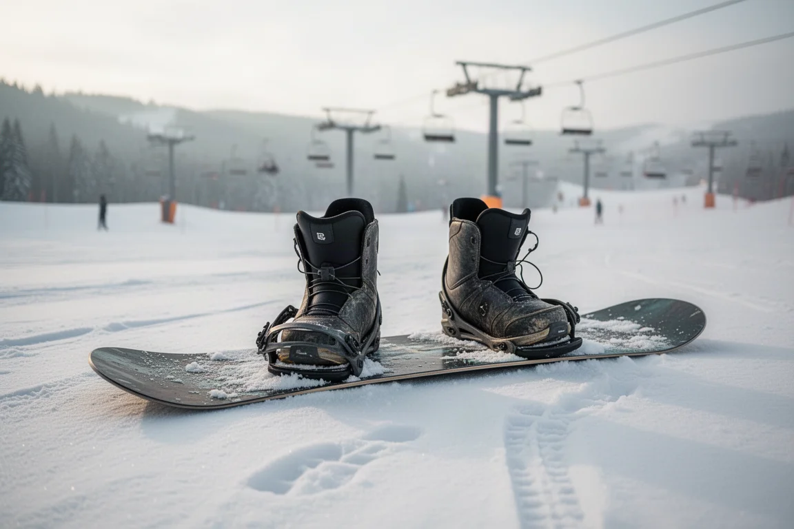 Botas de snowboard apoyadas sobre una tabla en nieve compactada en una estación