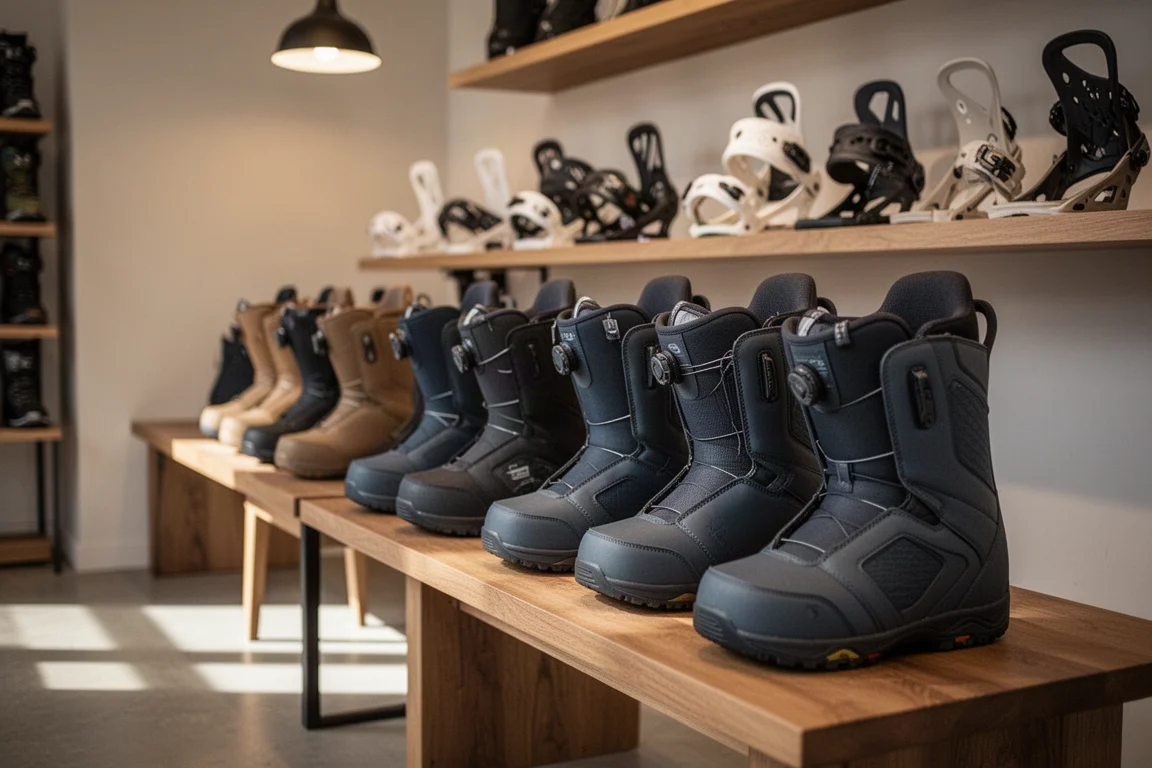 Fila de botas de snowboard alineadas sobre un banco en el interior de una tienda