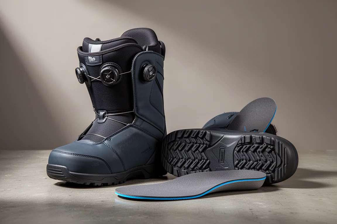 Stiff snowboard boots with BOA dials beside an aftermarket footbed on concrete