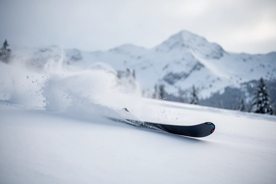 Wide freeride ski slicing through deep fresh powder with a spray plume behind the tip