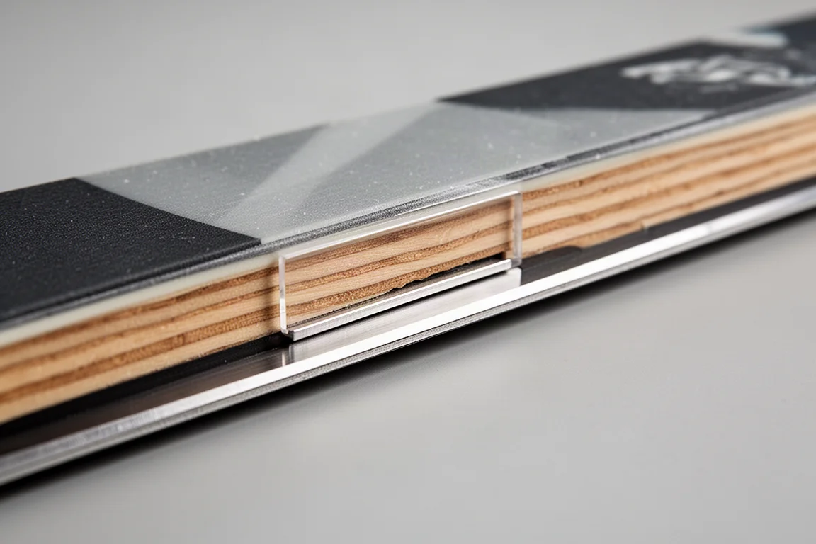 Macro detail of a ski sidewall showing wood core layers and a metal plate underfoot
