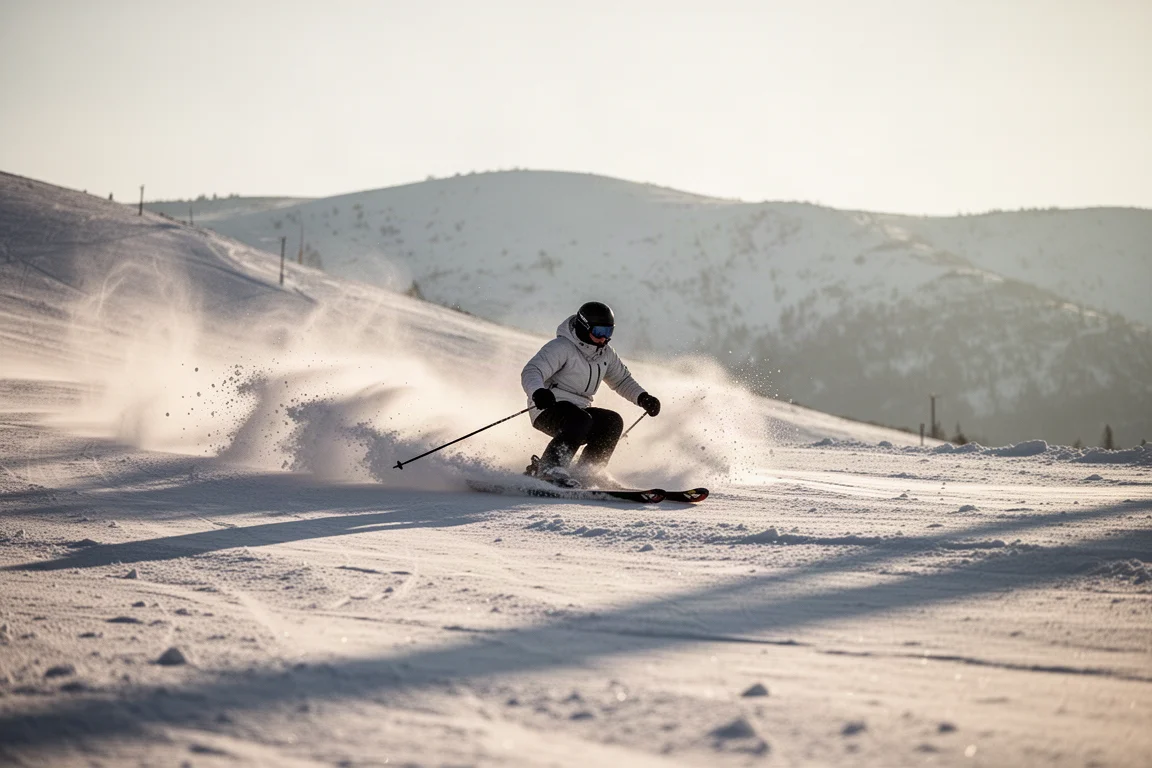 Skier at a high edge angle carving through soft chopped snow on an open slope