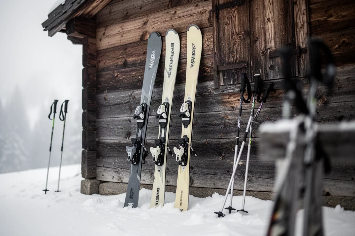 Three pairs of alpine skis leaning against a weathered timber wall with snow on the ground