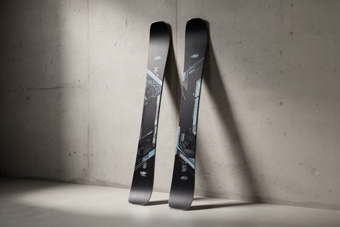 Pair of wide freeride skis with rockered tips and flatter tails leaning against a concrete wall