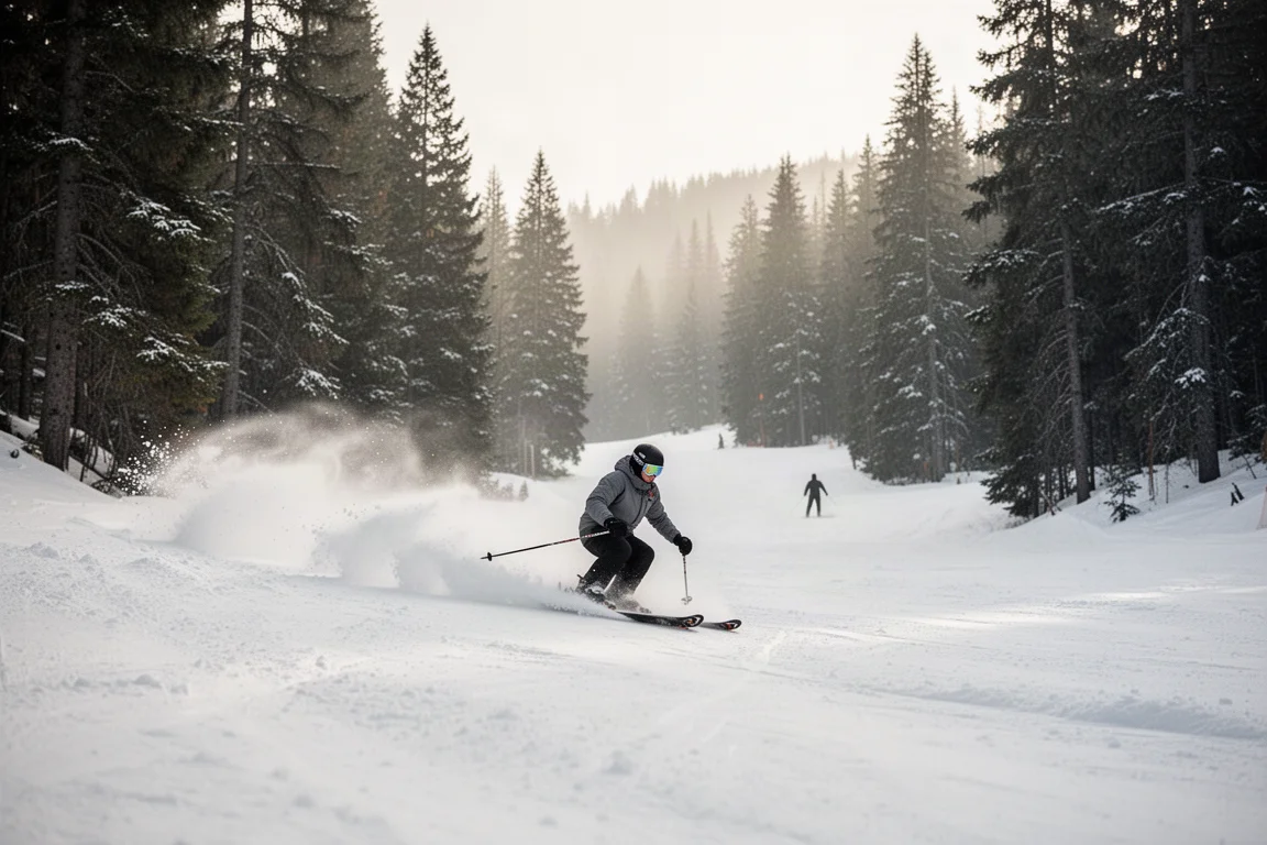 Skier carving through soft chopped snow on a tree-lined slope