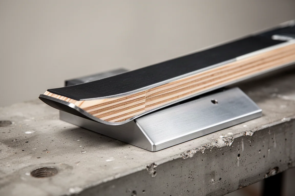 Close-up of ski sidewall, wood core layers and metal plate underfoot