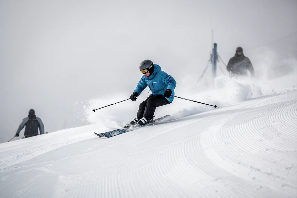 Skier holding a high edge angle on a firm groomed slope