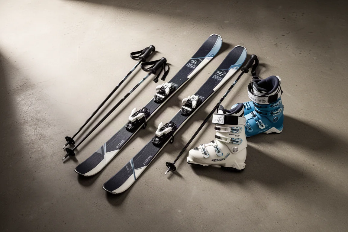 Overhead flat lay of skis, poles and boots on a concrete floor