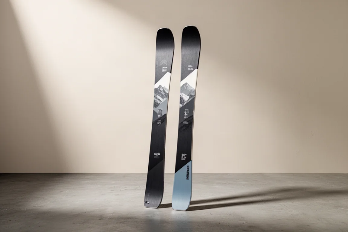 Pair of all-mountain skis standing upright on a matte concrete surface